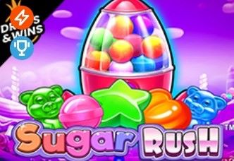 'Sugar Rush' o'yinining rang-barang va maftunkor surati, shirinlik mavzusidagi ramzlarni va shirin mukofotlar va'dasini ta'kidlaydi.